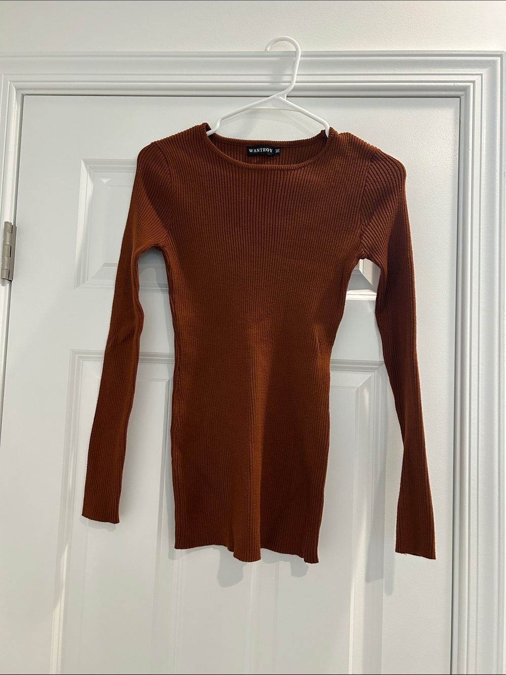 Ribbed, Super Stretchy Long-Sleeve Top in Rust Brown